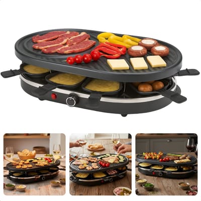 Cheqo® Raclette Grill 8 Personen - Compacte Raclette Grill - Stalen Grillplaat - Antiaanbaklaag - PFAS-Vrij - Gourmet - Gourmetten - Anti-Slip Voetjes - Houten Spatels - Eenvoudig Te Reinigen