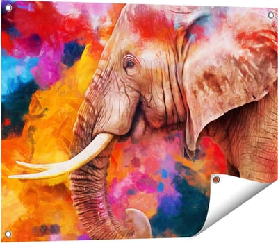 Gards Tuinposter Kleurrijke Olifant - Abstract - 80x60 cm - Tuindoek - Tuindecoratie - Wanddecoratie buiten - Tuinschilderij