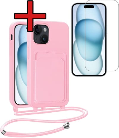 Hoesje Geschikt voor iPhone 15 Plus Hoesje Met Telefoonkoord en Pasjeshouder Met Screenprotector Siliconen - Hoes Geschikt voor iPhone 15 Plus Hoesje Met Kaarthouder Case - Lichtroze