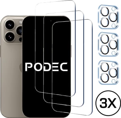 Podec Screenprotector en Camera Lens Protector geschikt voor iPhone 15 Pro - Gehard Beschermglas - Transparant en Krasbestendig - Tempered Glass Screen Cover - 3 + 3 Stuks