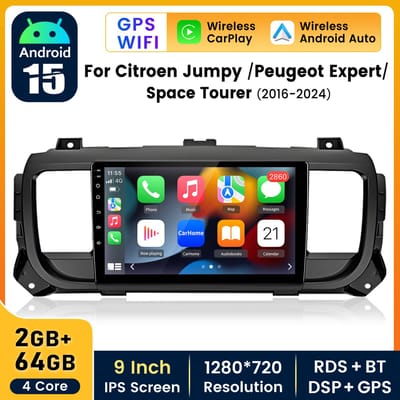Junsun V1 Plus 2DIN Autoradio Geschikt voor Citroën Jumpy / Peugeot Expert | 2+64GB Android 15 | GPS Navigatie | Draadloze CarPlay & Android Auto | WiFi | Bluetooth | FM RDS | SWC | DSP | Plug & Play | PDC | Handsfree