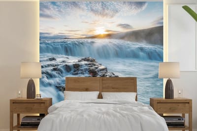 Behang - Fotobehang Waterval - Water - Stenen - Zon - Natuur - Breedte 280 cm x hoogte 280 cm