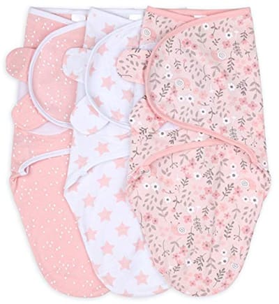 Inbakerdekens voor Babymeisjes met Roze Bloemen en Sterren - 3-Pack Wikkelset in 2 Maten