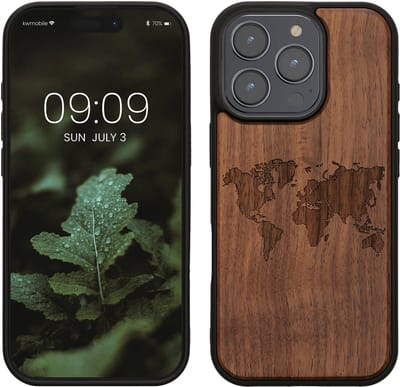 kwmobile telefoonhoesje geschikt voorApple iPhone 16 Pro - Hoesje met bumper - hout - In donkerbruin Wereldkaart design