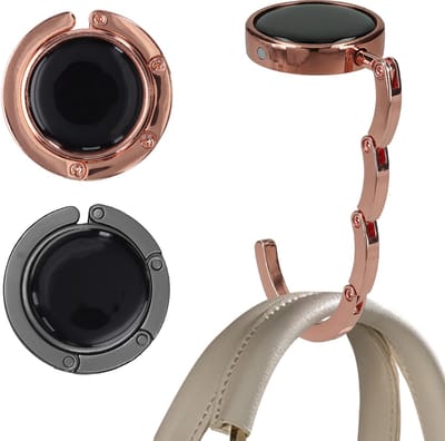 kwmobile tashanger voor tafels - 2 stuks - Uitvouwbare tassenhanger - Draagbare Tassenhaak - Hang je tas veilig op in restaurant en bar - In mat zwart / roségoud