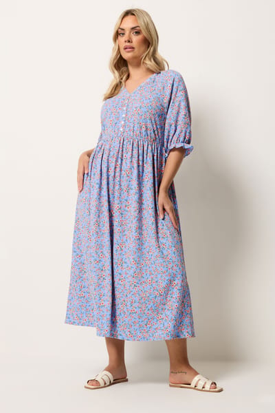 Yours Blauwe Jurk Met Fijne Bloemenprint En Raglanmouwen Size 42