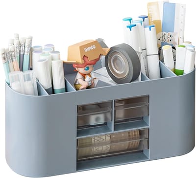 Bureau Organizer Pennenhouder – 10 Vakjes – Dubbele La Transparant – Grote Opbergruimte voor Pennen, Krijtjes en Kantoorbenodigdheden – Blauw
