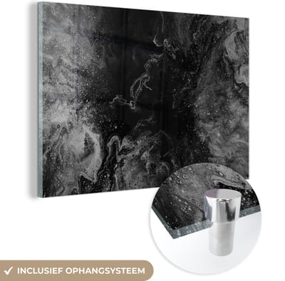 Glasschilderij - Zwart - Graniet - Steen - Wit - 150x100 cm - Foto op glas - Kamerdecoratie