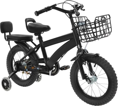 Kinderfiets 14 inch - Loopfiets met steunwielen - Eerste fietservaring - Stevig stalen frame - 14 Inch - Zwart