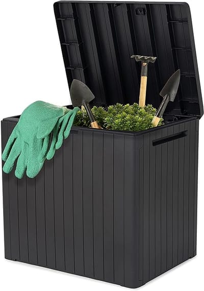 Opbergbox Balkon – Tuinkist 113L – Weerbestendige Opbergdoos Houtlook – Belastbaar Deksel 100 kg – Donkergrijs
