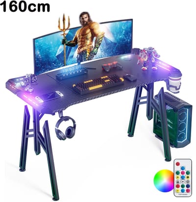 Gaming Bureau 160 cm met RGB LED – Computerbureau met Carbon Look – M-Frame – Zwart
