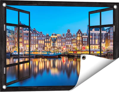 Gards Tuinposter Doorkijk Amsterdamse Huisjes in de Avond met Lichten - 60x40 cm - Tuindoek - Tuindecoratie - Wanddecoratie buiten - Tuinschilderij