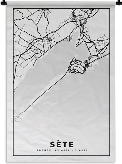 Wandkleed - Wanddoek - Kaart – Sète - Plattegrond – Frankrijk – Stadskaart - Zwart wit - 120x180 cm - Wandtapijt