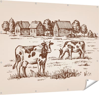 Gards Tuinposter Getekende Koeien op een Boerderij - Abstract - 150x120 cm - Tuindoek - Tuindecoratie - Wanddecoratie buiten - Tuinschilderij