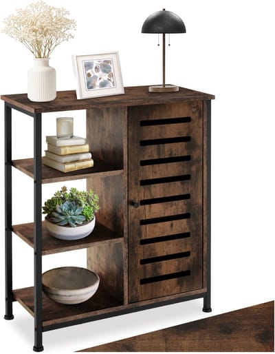tectake® Dressoir wandkast met 3 vakken en kastvak - Industrieel design - Houten ladekast voor woonkamer, hal, keuken, badkamer - Afmeting (LxBxH) 71 x 32 x 82 cm - Zwart metalen frame - Deur rechts - Donkerbruin
