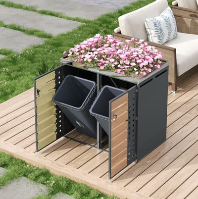 MEUNIQ containerberging 132 x 80 x 124,58 cm voor 2 containers, afsluitbaar met 2 deuren, geïntegreerde plantenbak, geventileerde panelen, houtlook en grijs voor tuin of terras