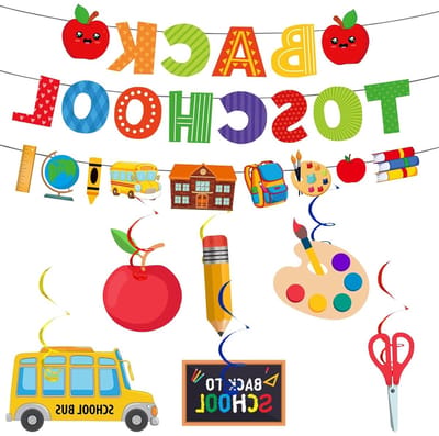 4-delige Welkom Terug naar School Banner Set met Hangende Spiralen en Versieringen voor Klascroom Feestjes en Back to School Evenementen (Rood)