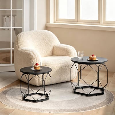 Salontafel - Set Van 2 Ronde Tafels Met Afneembaar Blad - Flexibel Voor Woonkamer En Slaapkamer - Metaal En Houtlook - 50 Cm - Zwart