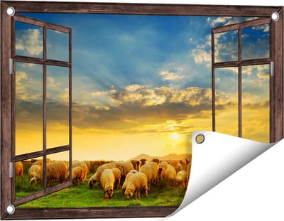Gards Tuinposter Doorkijk Kudde Schapen op het Gras bij Zonsondergang - 60x40 cm - Tuindoek - Tuindecoratie - Wanddecoratie buiten - Tuinschilderij