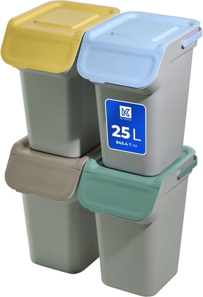 KADAX Afvalscheidingssysteemset, afvalcontainer met luchtdicht klapdeksel, afvalscheidingscontainer 25 liter, afvalverzamelaar, vuilnisemmer voor keuken, afvalemmer (donkergrijs, 4 x 25 l)