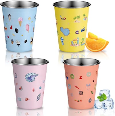 4-delige set roestvrijstalen bekers, 12oz drinkbekers met leuke cartoon prints, stapelbare herbruikbare kampbekers, perfect voor thuis, kamperen, reizen (4 kleuren)