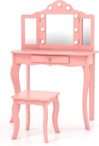 KOMFOTTEU Make-uptafel voor kinderen, kaptafel met afneembare spiegel en kruk, 3-kleurige ledlampen, lade voor het opbergen, make-uptafel, prinses voor kinderen vanaf 3 jaar
