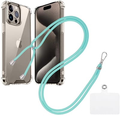 Shock Proof Case Hoes Geschikt voor iPhone 15 Pro Hoesje Transparant Met universele Telefoonkoord mint - Cover - Nek Hanger - Koord Hoes