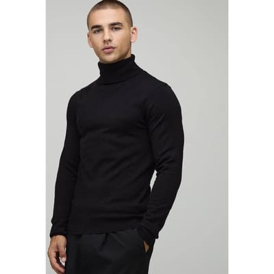 Essential Muscle Fit Roll Neck Knitted Jumper | Black | Size XS