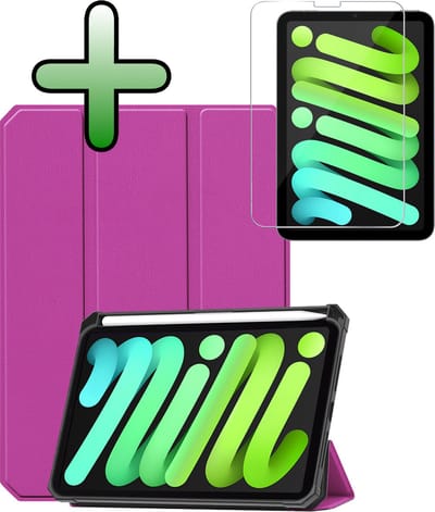 Hoesje Geschikt voor Apple iPad Mini 7 (2024) - 8.3 inch - 7e Generatie - Met Screenprotector - Trifold Bookcase - Hard Cover Case - Met Uitsparing Geschikt voor Apple Pencil - Hardcover Book - Tablet Hoes - Paars