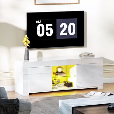 MODFU - Tv-Meubel - Led-Verlichting En Kabeldoorvoer - Modern - Voor Woonkamer - Glas - Wit - 120 X 34 X 45 Cm
