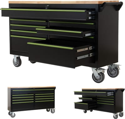 Werkstattwagen Star XXL 163 x 97 cm Arbeitsplatte Gummibaumholz 9 Schubladen kugelgelagert Werkbank