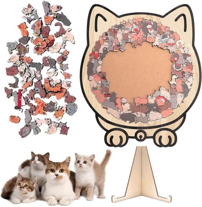 Houten Puzzel in Katvorm, Decoratieve Jigsaw van 135 Stukken in Diverse Kleuren, Uniek Puzzelspel voor Volwassenen en Kinderen, Perfect Cadeau voor Kattenliefhebbers en Puzzelenthousiastelingen.