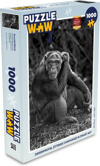 Puzzel Dierenprofiel zittende chimpansee in zwart-wit - Legpuzzel - Puzzel 1000 stukjes volwassenen