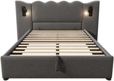 Gestoffeerd tweepersoonsbed van 160x200 mm met leeslampje en USB Type-C-oplaadfunctie, bedframe met opbergruimte, lattenbodem, constructie van massief hout en metaal, grijs, linnen stof (matras niet inbegrepen).