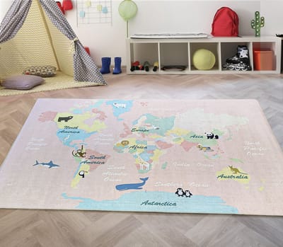 Flycarpets Speelkleed - Wereldkaart Roze / Kleurrijk Vloerkleed Kinderkamer / Babykamer - Laagpolig Kindervloerkleed - 120x170 cm