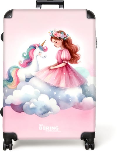 NoBoringSuitcases.com® - Koffer groot - Reiskoffer lichtgewicht - Roze prinses en eenhoorn op een wolk - Rolkoffer met 4 wielen - Grote trolley XL - 98 liter bagage