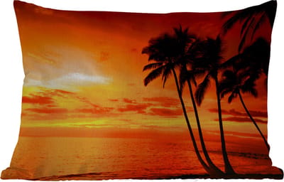 Buitenkussens - Tuin - Palmboom - Zonsondergang - Tropisch - Oranje - Zee - 50x30 cm