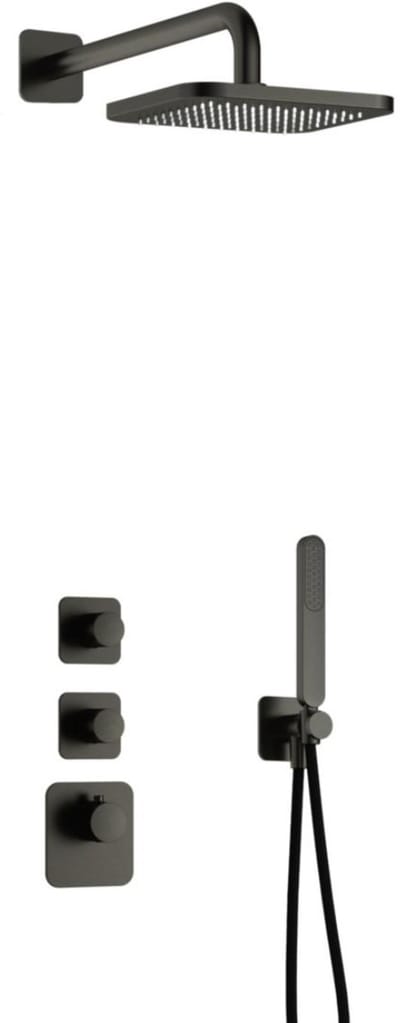 Hotbath Gal - Inbouw Regendoucheset - Geborsteld Gunmetal PVD - 2 Stopkranen - Thermostatisch - Wandarm 35 cm - Hoofddouche 220 mm - Staafhanddouche - V01
