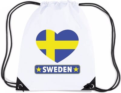 Zweden thema sporttas - nylon rijgkoord rugzak - wit met hartjes vlag print - supporters - 11 liter - 45 x 34 cm