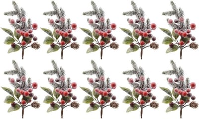 10x Kerststukje stekertjes met bessen en sneeuw groen/rood 20 cm