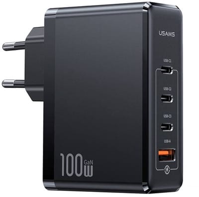 USAMS Oplader 3 USB-C / 1 USB-A 100W GaN PD 3.0 Ultra Snel - Zwart