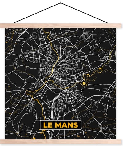 Posterhanger incl. Poster 40x40 cm - Schoolplaat - Kaart – Plattegrond – le Mans - Frankrijk – Stadskaart - Textielposter - Blanke latten - Stadskaart