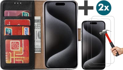 Hoesje met 2 Stuks Screenprotectors Geschikt voor iPhone 15 Pro – Arara bookcase met pasjeshouder - Zwart