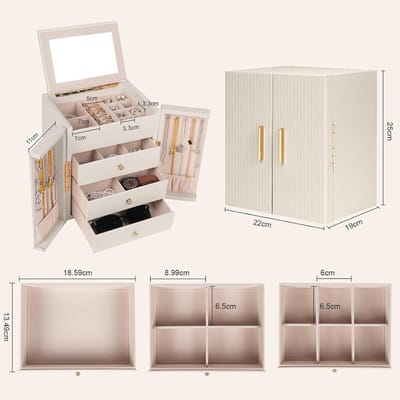 Grote Sieradendoos - Beige - 22 x 19 x 25 cm - Met Spiegel en 4 Niveaus - Voor Dames