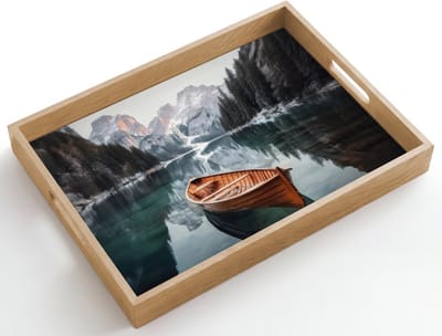 Dienblad hout 50x35 cm - Schootdienblad - Boot - Bergen - Natuur - Water - Borrelplank rechthoek - Plateau dienbladen