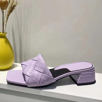 Nieuwe Mode Handgemaakte Weefsel Leer Dames Pantoffel Lage Vierkante Hakken Dames Instapper Casual Buiten Strand Slide Schoenen Sandalen 39 paars