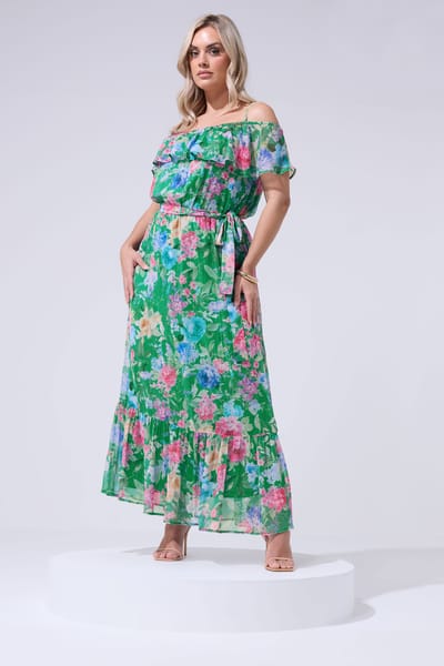 Yours London Groene Jurk Met Bloemenprint En Metallic Glans Size 42