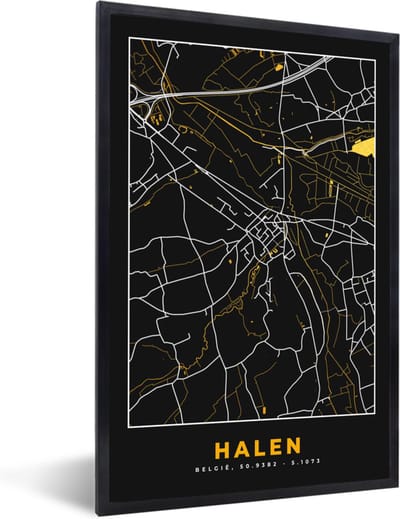 Fotolijst incl. Poster - Halen - Plattegrond - Stadskaart - Kaart - Goud - 40x60 cm - Posterlijst
