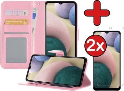 Hoesje - Met 2x Screenprotector - Geschikt voor Samsung Galaxy A12 - Luxe Pasjeshouder - Flip Case - Bookcase Portemonee - Kunstleer Book Case - Flipcase Hoes - Book Cover - Walletcase - Portemonneehoes - Telefoonhoes - Lichtroze