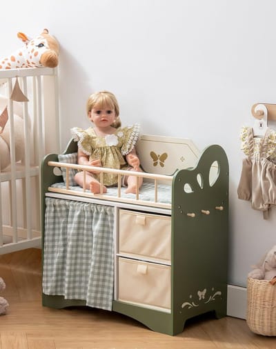 Poppenbed - Houten ledikant - Poppen verzorgen - Met opbergruimte - Tot 53 cm - Groen